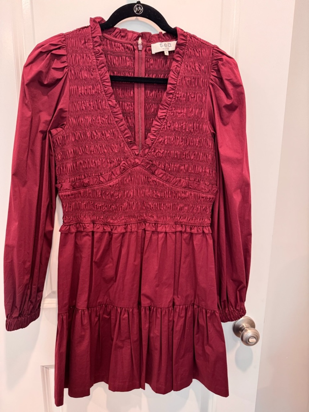 Sea Burgundy Smocked V-Neck Long Sleeve Mini Dress